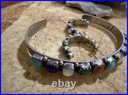 Navajo Multi Gemstone/Sterling Silver cuff and earrings. Sawtooth bezel. Vintage