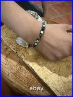 Navajo Multi Gemstone/Sterling Silver cuff and earrings. Sawtooth bezel. Vintage