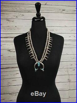 Navajo Native American Indian Sterling Silver Turquoise Squash Blossom Necklace