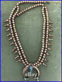 Navajo Native American Indian Sterling Silver Turquoise Squash Blossom Necklace