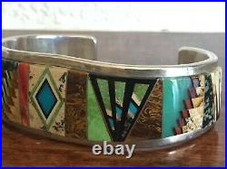 Navajo Native American Inlay Cuff Bracelet Tommy Jackson Sterling & Multi Stone