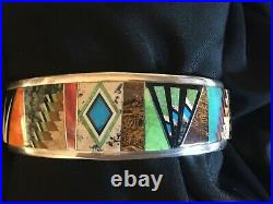 Navajo Native American Inlay Cuff Bracelet Tommy Jackson Sterling & Multi Stone