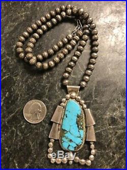 Navajo Old Pawn Sterling Silver Bench Beads Large Turquoise Pendant Necklace 925