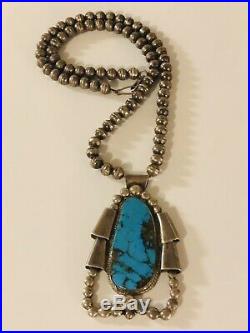Navajo Old Pawn Sterling Silver Bench Beads Large Turquoise Pendant Necklace 925