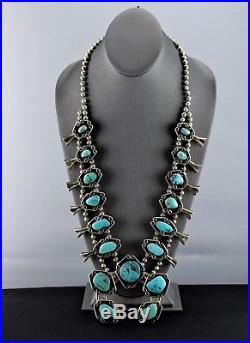 Navajo Old Pawn Sterling Silver Fox Turquoise Squash Blossom Naja Necklace