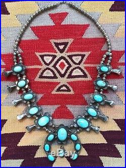 Navajo Old Pawn Sterling Silver & Robins Egg Turquoise Squash Blossom Necklace