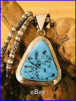 Navajo Paul Livingston Sterling Silver Turquoise Pendant Bali Beads Necklace 925