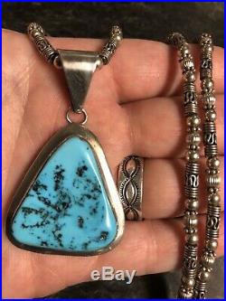 Navajo Paul Livingston Sterling Silver Turquoise Pendant Bali Beads Necklace 925