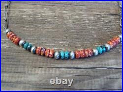 Navajo Pearl Turquoise & Spiny Oyster Sterling Silver 19 Link Chain Necklace
