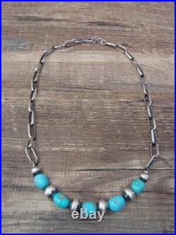 Navajo Pearl & Turquoise Sterling Silver 17 Link Chain Necklace by I. John