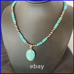 Navajo Pearls Necklace Blue Kingman Turquoise Pendant Sterling Silver 11863