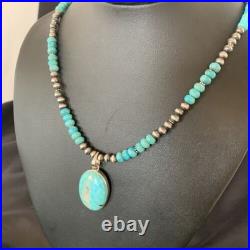 Navajo Pearls Necklace Blue Kingman Turquoise Pendant Sterling Silver 11863
