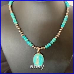 Navajo Pearls Necklace Blue Kingman Turquoise Pendant Sterling Silver 11863