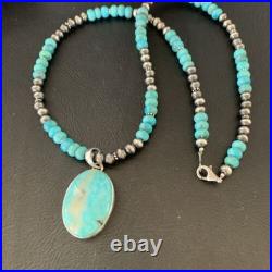 Navajo Pearls Necklace Blue Kingman Turquoise Pendant Sterling Silver 11863