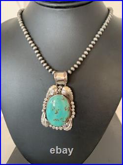 Navajo Pearls Sterling Silver Kingman Turquoise Necklace Pendant 00809