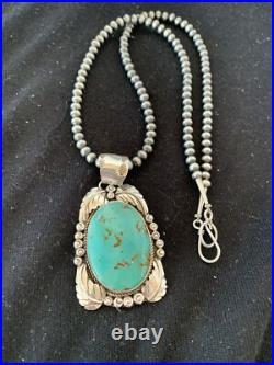 Navajo Pearls Sterling Silver Kingman Turquoise Necklace Pendant 00809