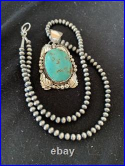 Navajo Pearls Sterling Silver Kingman Turquoise Necklace Pendant 00809