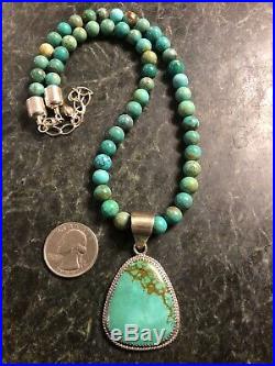 Navajo RJ Sterling Silver Turquoise Pendant & Turquoise Bead Necklace 925 DTR
