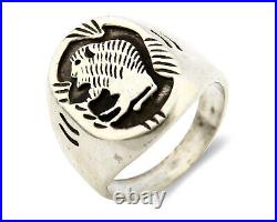 Navajo Ring. 925 Silver Buffalo Overlay Artist Native American C. 80's