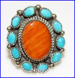 Navajo Royston Turquoise Orange Spiny Cluster Ring Sz 8 Sterling Silver Native