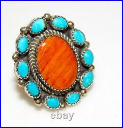 Navajo Royston Turquoise Orange Spiny Cluster Ring Sz 8 Sterling Silver Native