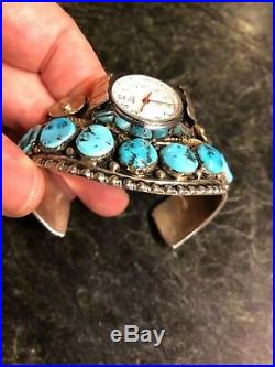Navajo S Ray Large Sterling Silver Turquoise Watch Cuff Bracelet 53 GRAMS 925