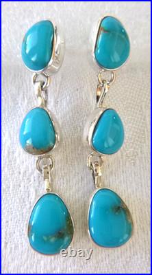 Navajo Shirley Henry Kingman Turquoise Trio 1.75 Earrings 925 Sterling Silver