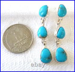 Navajo Shirley Henry Kingman Turquoise Trio 1.75 Earrings 925 Sterling Silver