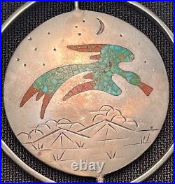 Navajo Signed Corbet Joe Silver Spinner Chip Inlay Big Vintage Pendant 62.1 Gram