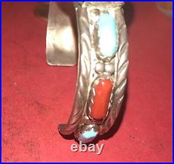 Navajo Signed Sterling Silver Cuff Bracelet Turqualse & Coral? Native American