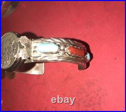 Navajo Signed Sterling Silver Cuff Bracelet Turqualse & Coral? Native American