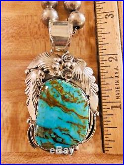 Navajo Silver Ray Large Sterling Silver Turquoise Pendant Ball Bead Necklace 925
