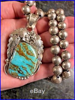 Navajo Silver Ray Large Sterling Silver Turquoise Pendant Ball Bead Necklace 925