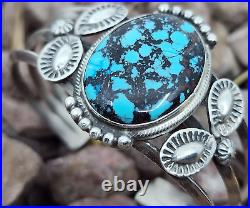 Navajo Spiderweb Bisbee Turquoise Sterling Silver Native American Cuff Bracelet