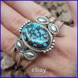 Navajo Spiderweb Bisbee Turquoise Sterling Silver Native American Cuff Bracelet