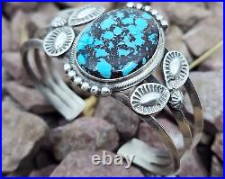 Navajo Spiderweb Bisbee Turquoise Sterling Silver Native American Cuff Bracelet