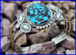 Navajo Spiderweb Bisbee Turquoise Sterling Silver Native American Cuff Bracelet