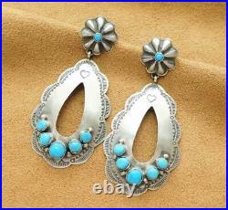 Navajo Stamp Sterling Silver Sleeping Beauty Turquoise Large Teardrop Earrings