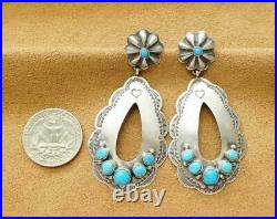 Navajo Stamp Sterling Silver Sleeping Beauty Turquoise Large Teardrop Earrings