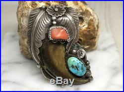 Navajo Sterling Faux Bear Claw Turquoise & Coral Huge Squash Blossom Pendant