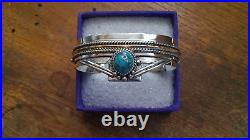 Navajo Sterling Silver 14K Turquoise Cuff Bracelet by Roger Nelson 46 Grams