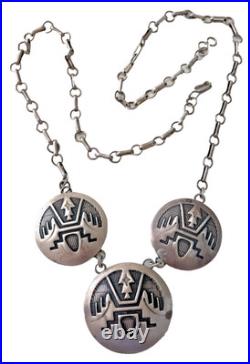 Navajo Sterling Silver 3-Medallion Stamped Thunderbird Necklace Handmade Chain