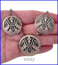 Navajo Sterling Silver 3-Medallion Stamped Thunderbird Necklace Handmade Chain