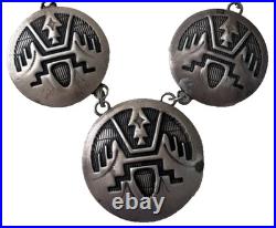 Navajo Sterling Silver 3-Medallion Stamped Thunderbird Necklace Handmade Chain