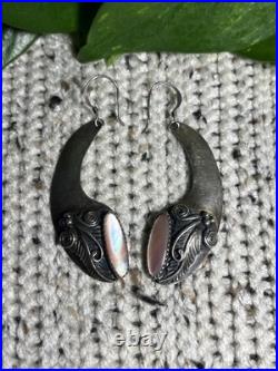 Navajo Sterling Silver 925 Crescent Leaf & Mother Of Pearl Dangle Earrings