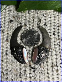 Navajo Sterling Silver 925 Crescent Leaf & Mother Of Pearl Dangle Earrings