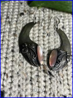 Navajo Sterling Silver 925 Crescent Leaf & Mother Of Pearl Dangle Earrings