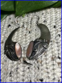 Navajo Sterling Silver 925 Crescent Leaf & Mother Of Pearl Dangle Earrings