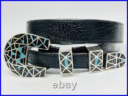 Navajo Sterling Silver. 925 Ranger Belt Buckle Inlaid Onyx Turquoise Stones 35