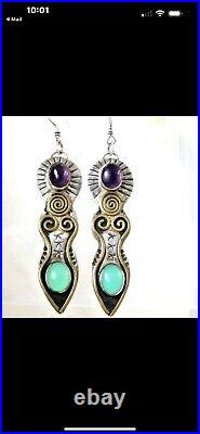 Navajo Sterling Silver Amethyst Long Drop Dangle Hook Earrings Vicki Martin Taos
